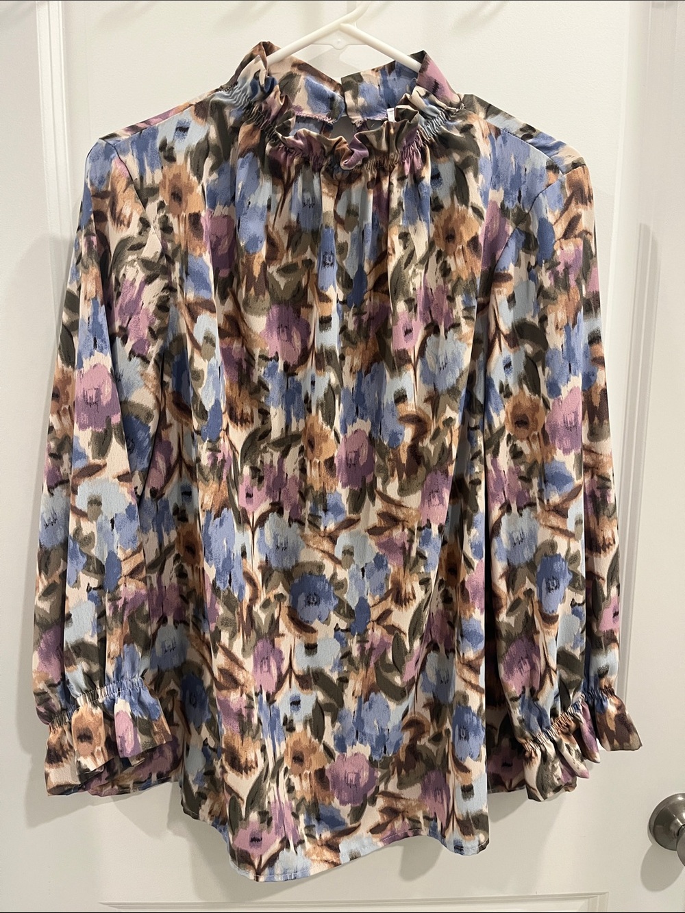 Ruffled Mock-Neck Floral Blouse - Lavender Multi